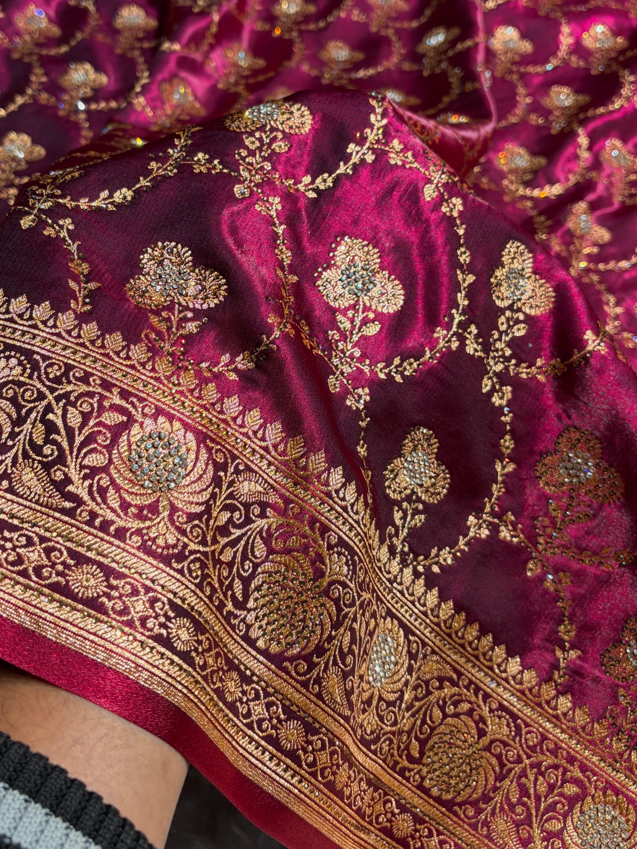 Satin Silk Saree Banarasi Swarovski Work Jaal in Wine Shades  BSS23 (R)