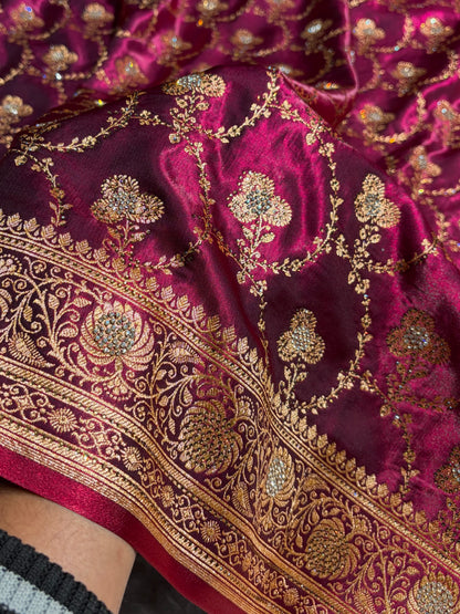 Satin Silk Saree Banarasi Swarovski Work Jaal in Wine Shades  BSS23 (R)