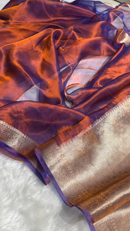 Rustic Royal Blue Shades Pure Tissue Silk Saree with Brocade Blouse PT-09