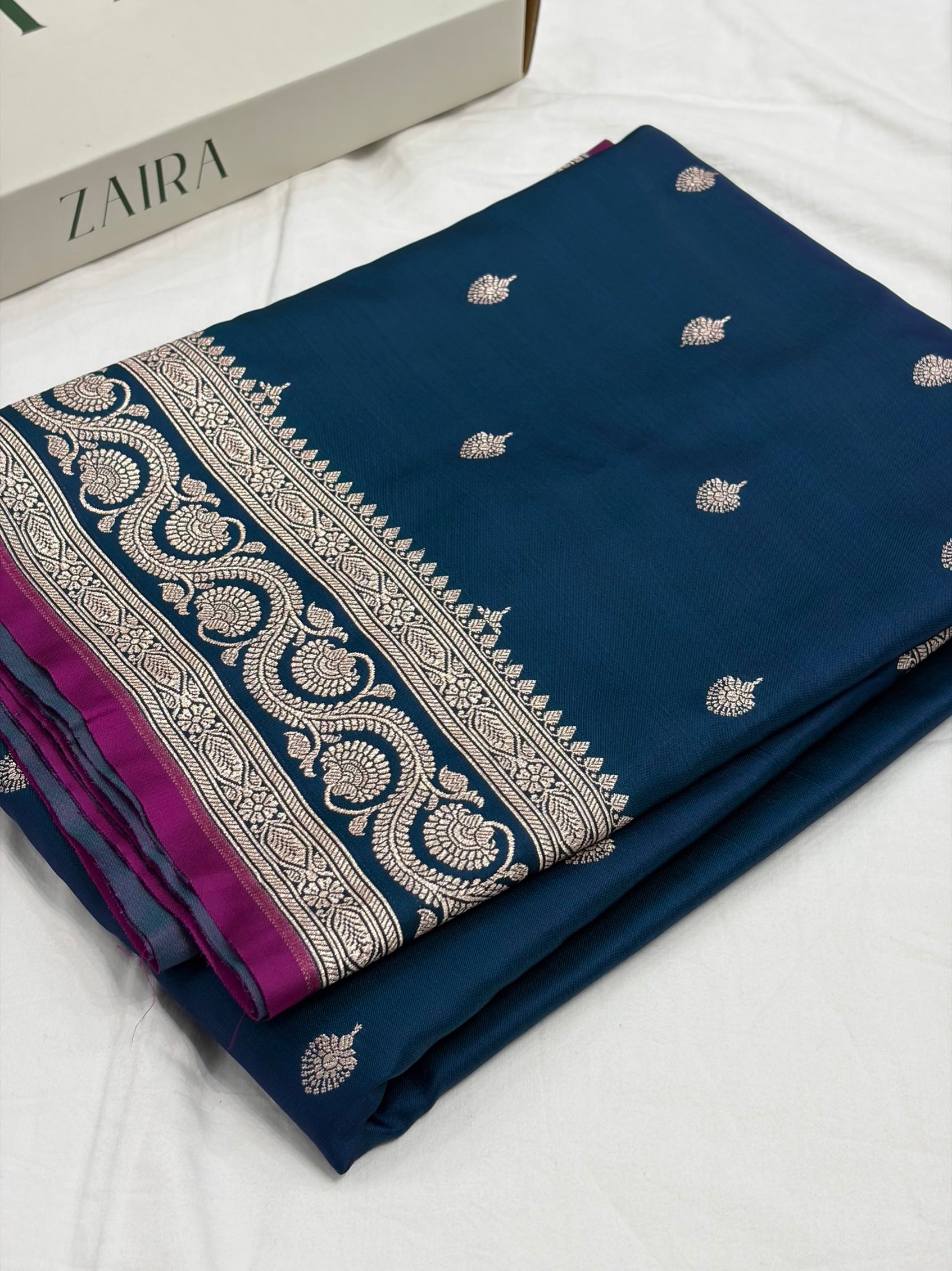 German Blue Shade With Booti Pattern Mashru Silk Saree