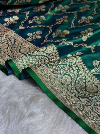 Green Cross with Boota Pattern Satin Katan Silk Saree SK67