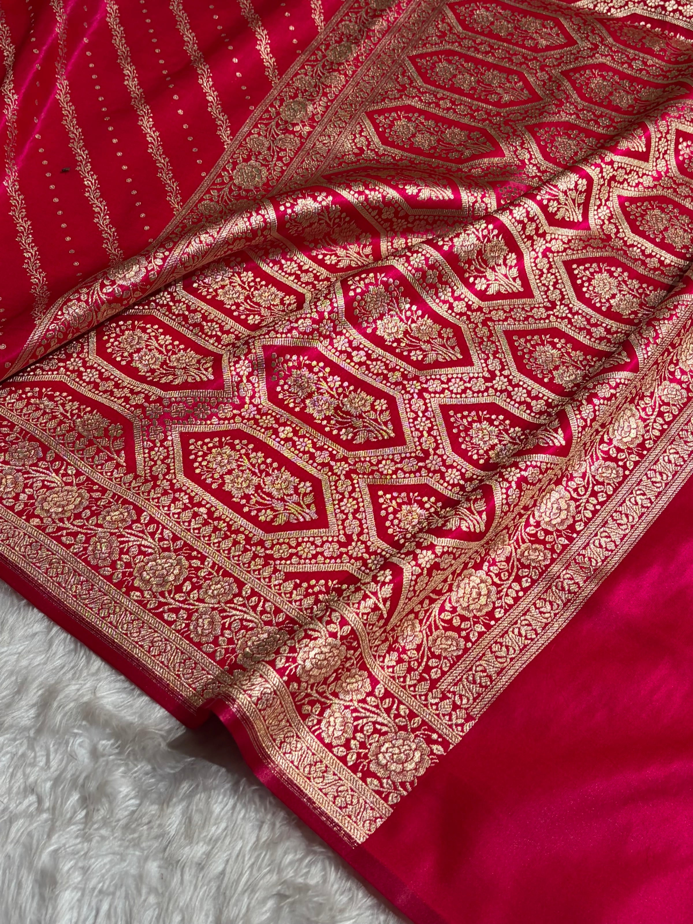 Banarasi Cross Rani Shades Cross Pattern Banarasi Satin Silk Saree SS61