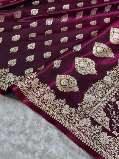 Banarasi Wine Shades Minakari Booti Pattern Banarasi Satin Silk Saree SS60