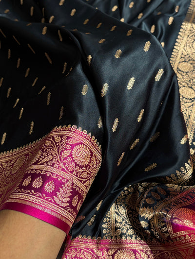 Contrast Black/ Rani Floral Booti Banarasi Satin Katan Silk Saree SK14