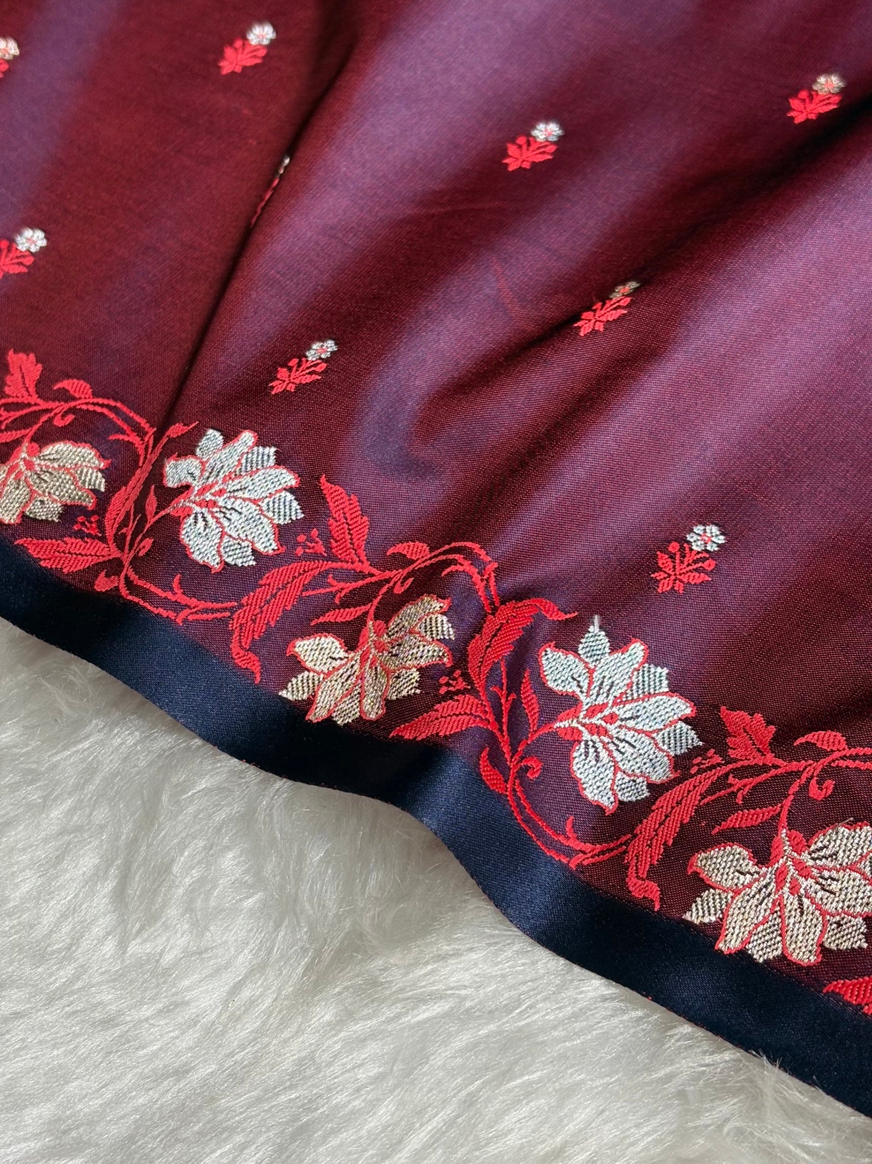Reddish Navy Floral Boota With Floral Border Mashru Silk Saree MSM 78