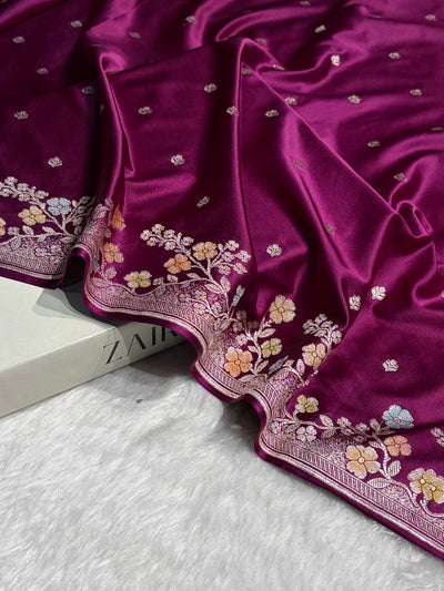 Wine Shades Minakari Floral Border Booti Mashru Silk Saree MCS75