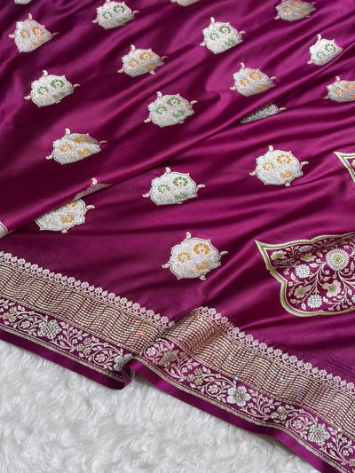 Premium Banarasi Satin Katan Saree Swarovski Work Minakari Booti Pattern in Wine Shades BSK04