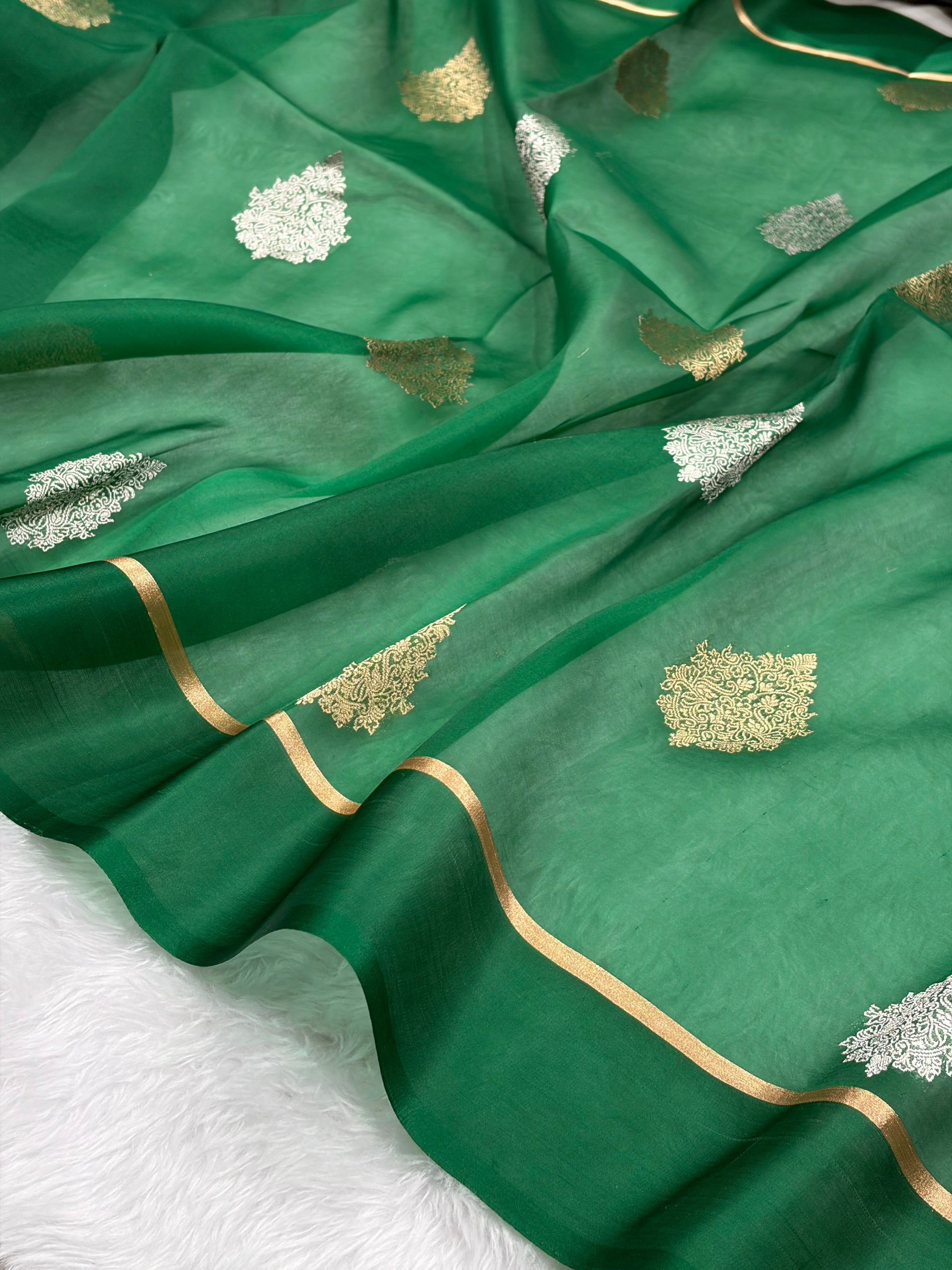 Pure Banarasi Organza Bottle Green Shades With Floral Banarasi Silk Saree PO-29