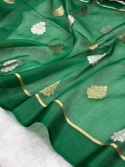 Pure Banarasi Organza Bottle Green Shades With Floral Banarasi Silk Saree PO-29