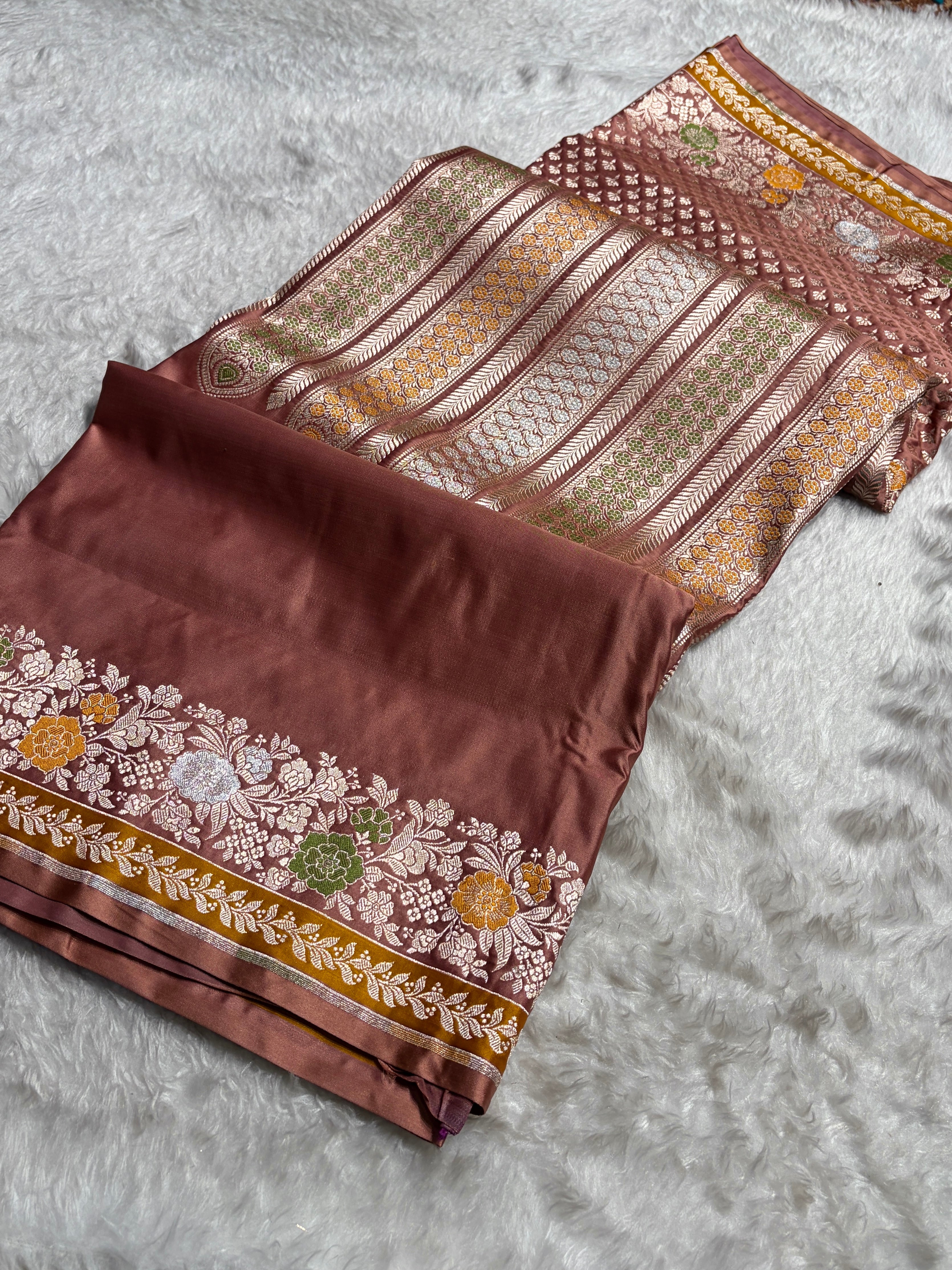 Banarasi Copper Shades Floral Minakari Skirt Border Mashru Silk Saree MSM-83