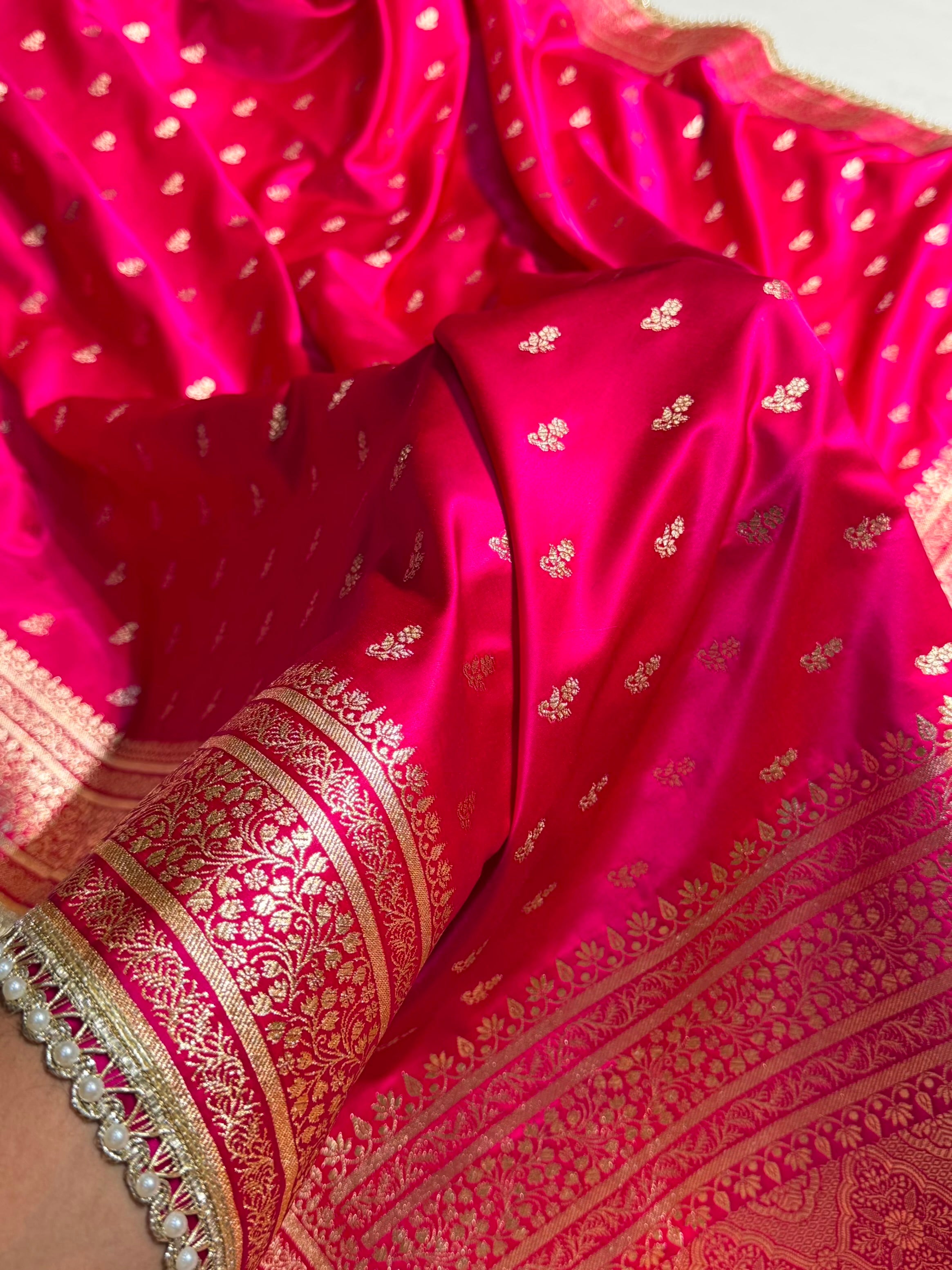 Banarasi Satin Katan Saree With Gotta Patti Boota in Rani Shades SKGP89