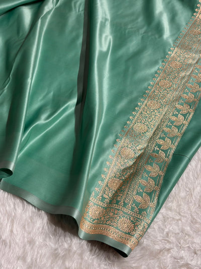 Contrast Baby Pink / Turquoise Floral Booti Banarasi Satin Katan Silk Saree SK16
