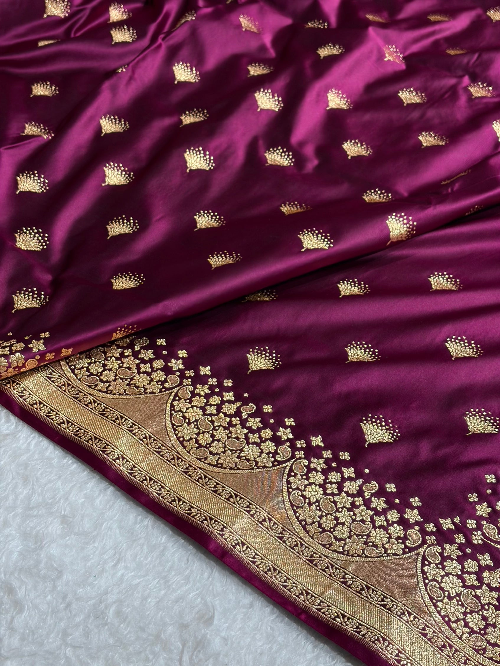Wine Floral Banasari Pattern Satin Katan Silk Saree SK83
