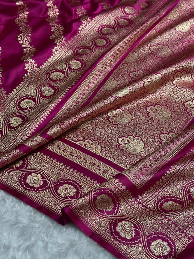 Rani Floral Cross Pattern Satin Katan Silk Saree SK74