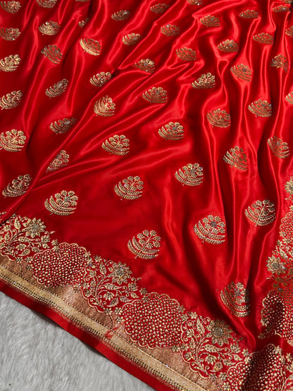 Bridal Red Unique Swarovski Stone Work Boota Pattern Satin Katan Silk Saree BSK70