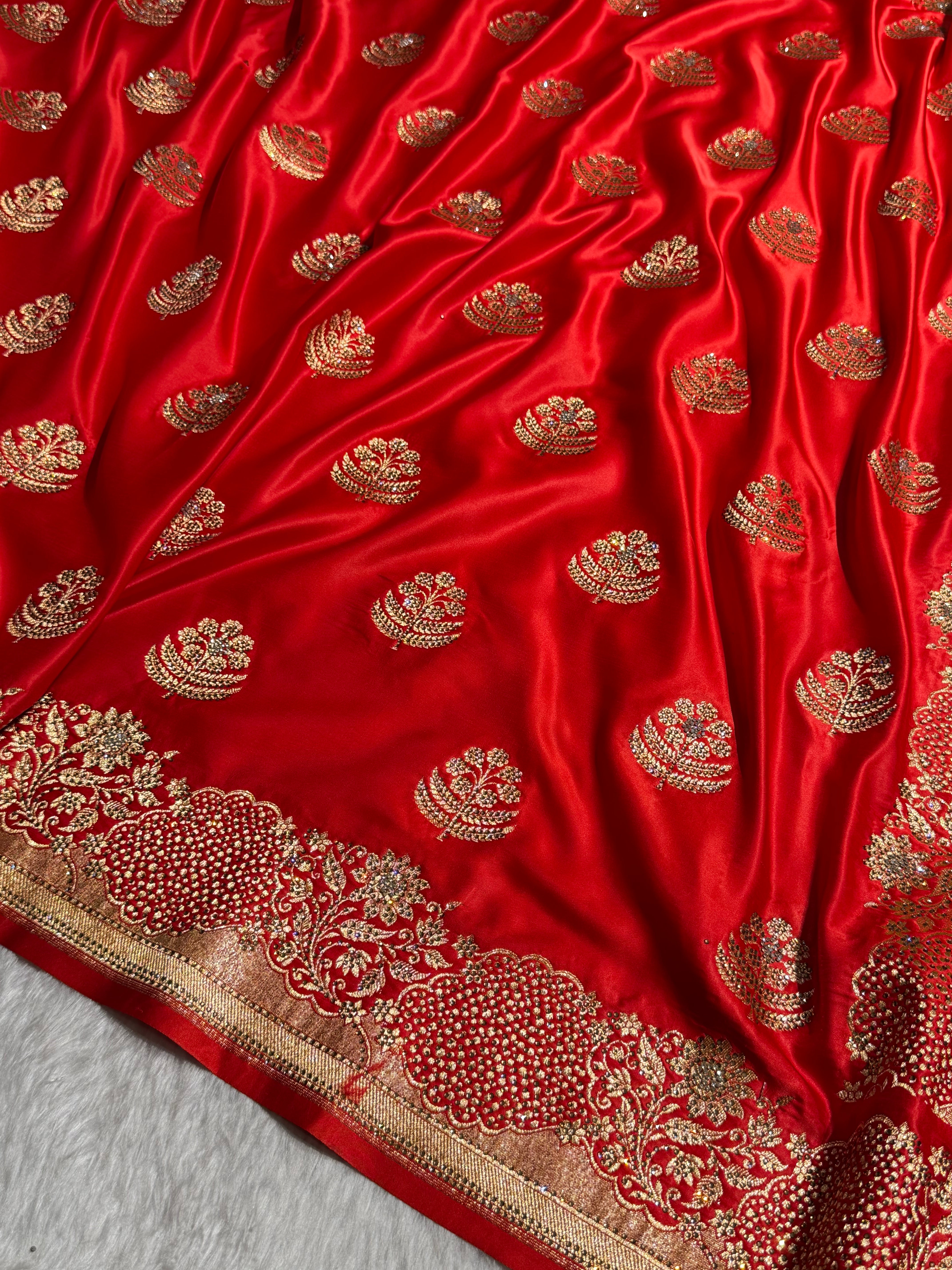 Bridal Red Unique Swarovski Stone Work Boota Pattern Satin Katan Silk Saree BSK70