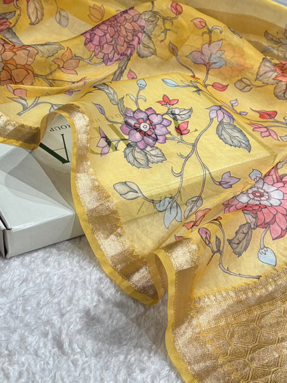 Yellow Organza with Pastel Multicolor Florals & Gold Zari Border POP06