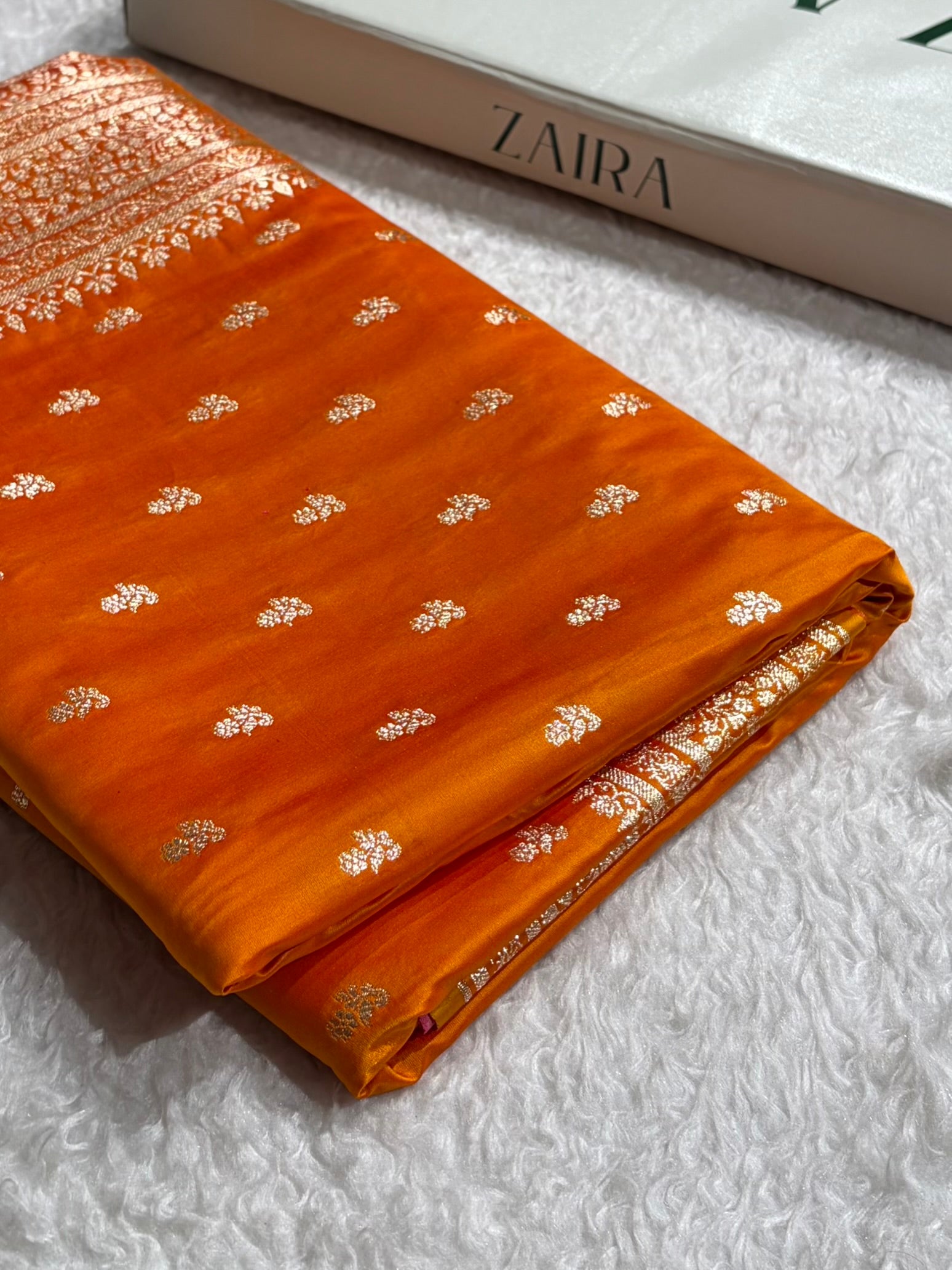 Banarasi Satin Katan Saree With Boota in Orange Gold Shades SK89