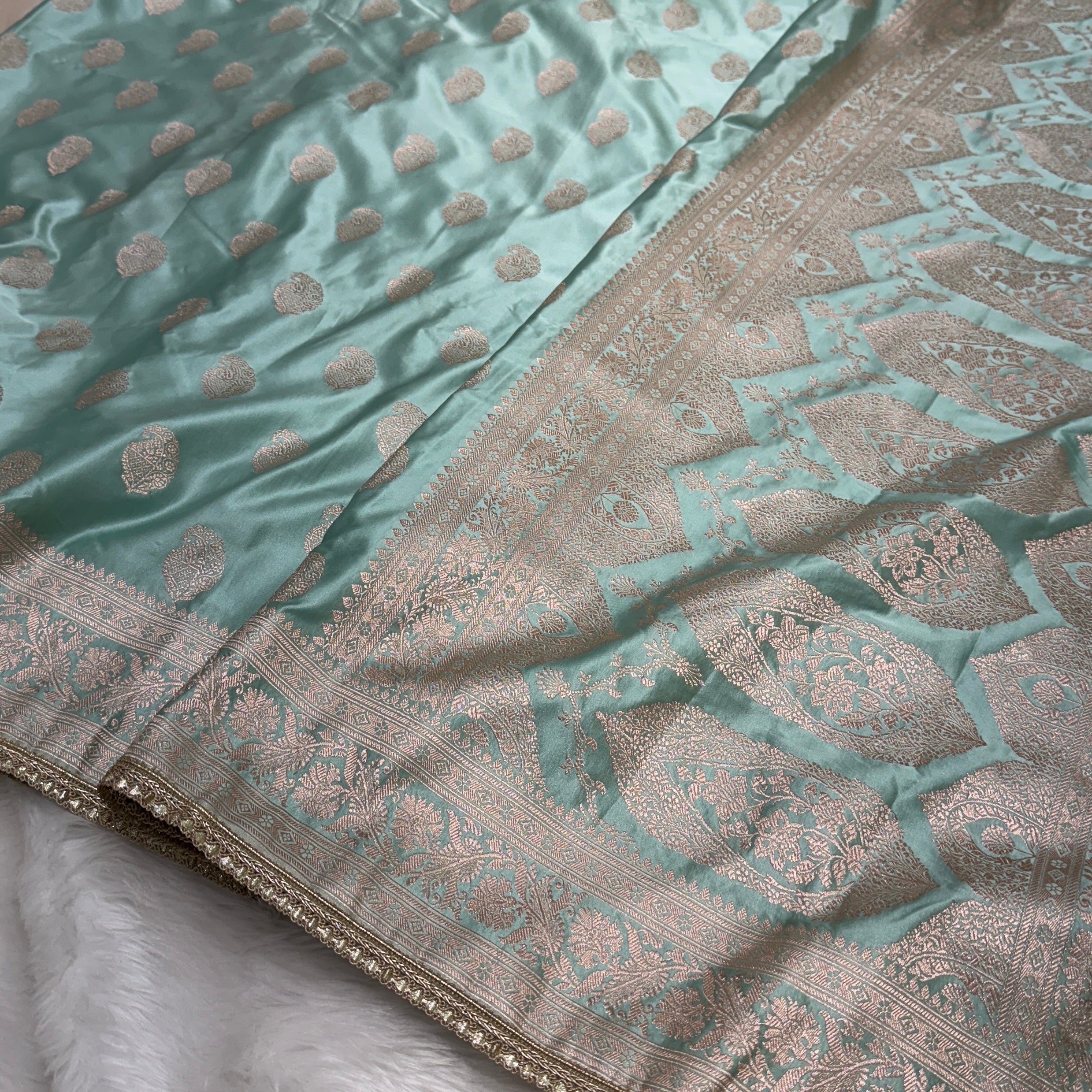 Powder Blue Satin Mashru Silk Banarasi Saree with Allover Gotta Patti Motifs | SKU - MSGP6