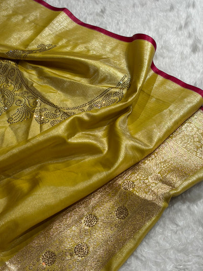 Light Weight Lemon Pista Satin Silk Saree with Swarovski work BSS14