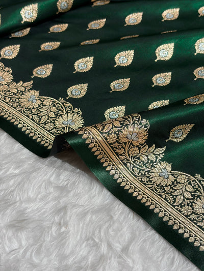 Banarasi Bottle Green Shades Minakari Booti Pattern Banarasi Satin Silk Saree SS60