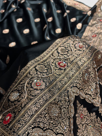 Bridal Black Banarasi Satin Katan Saree With Ari & Zardozi Work Boota BSK65