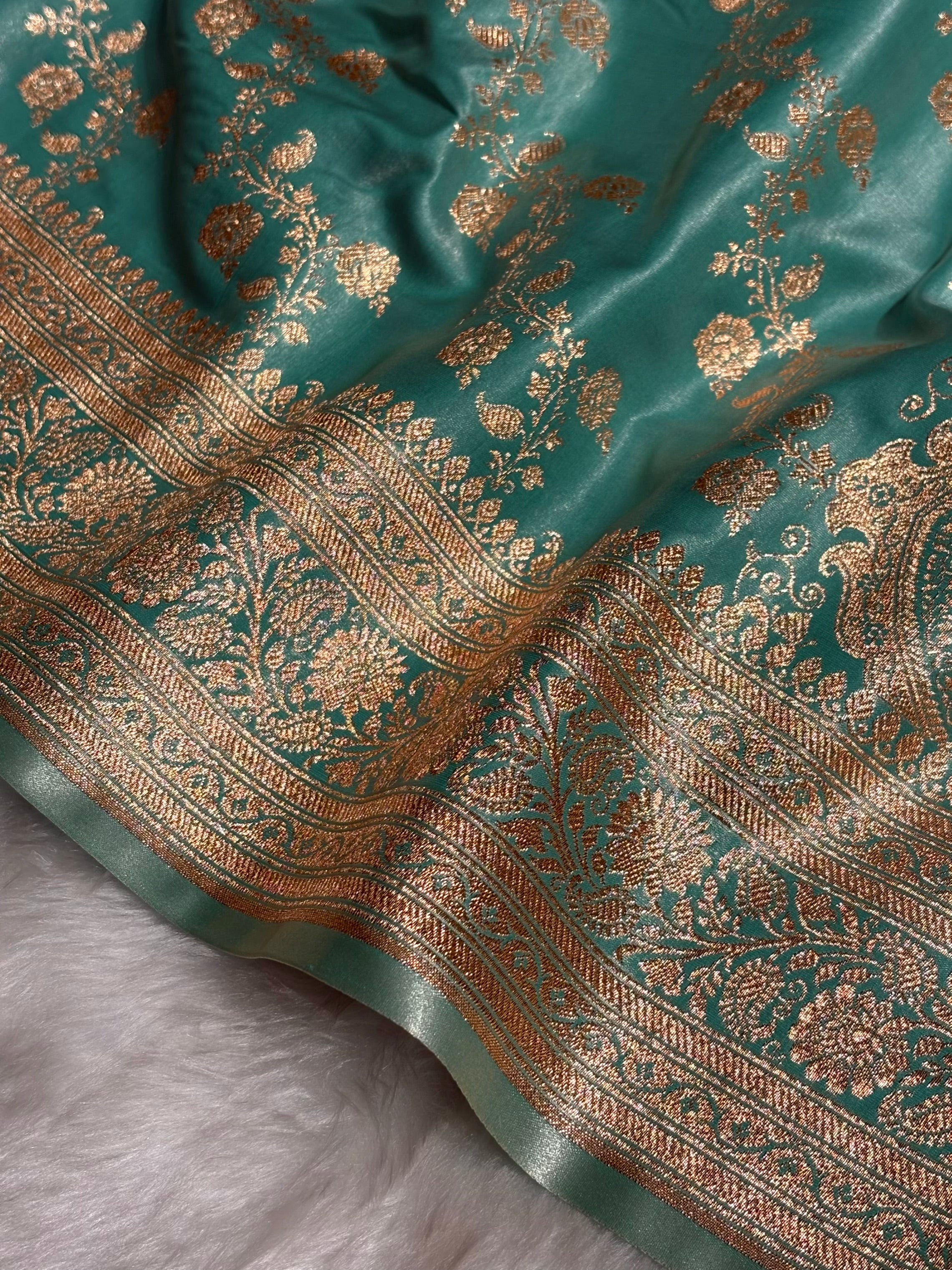Sea Green Shades Banarasi  Cross Jaal Satin Silk Saree SS11