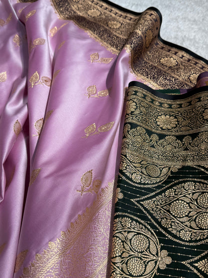 Lavender - Green Contrast Floral boota Katan Silk Saree SK16