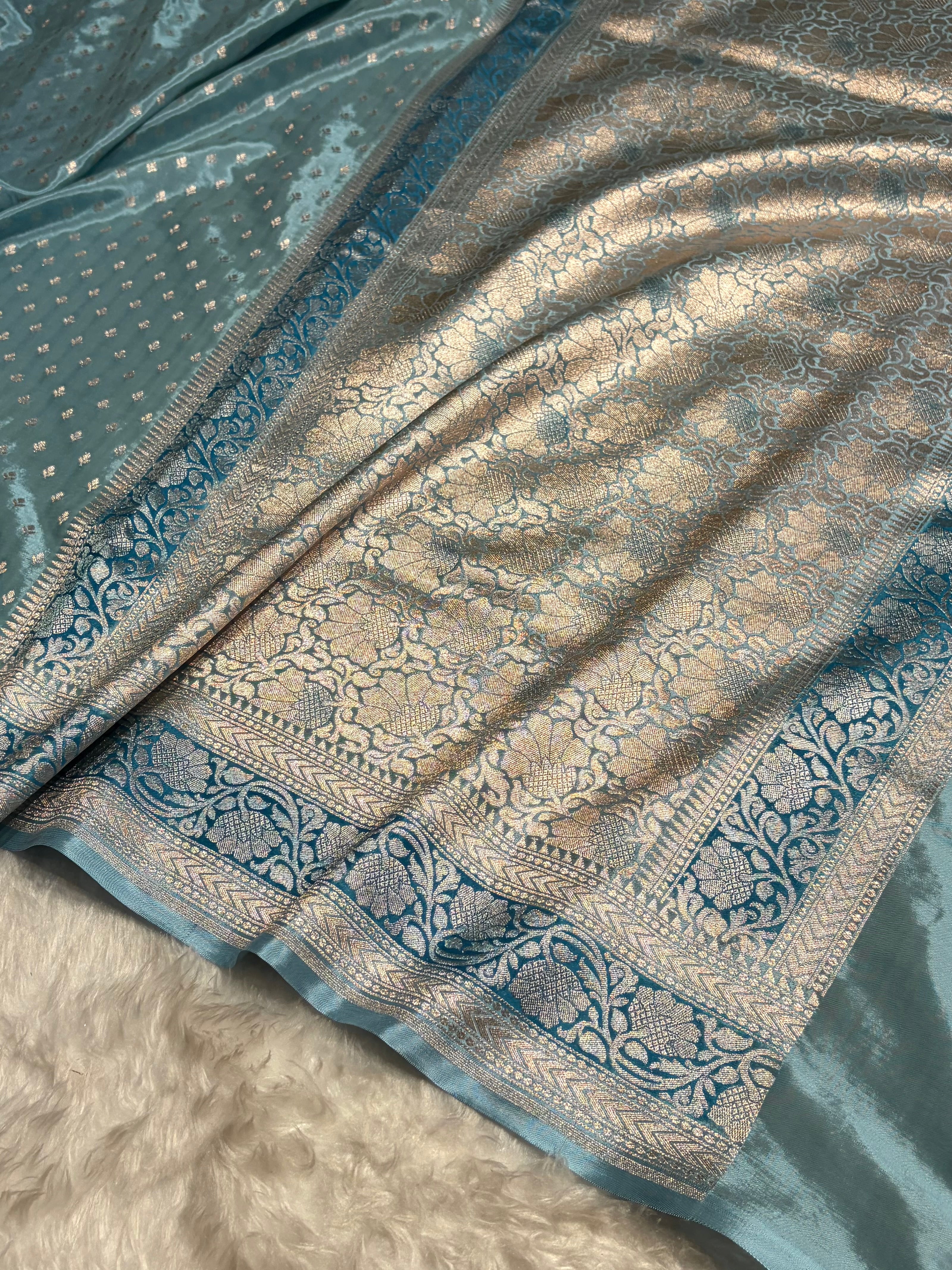 Powder Blue Shades With Contrast Border Crepe Silky Katan Banarasi Saree CSK-04