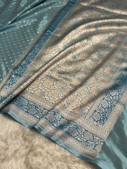 Powder Blue Shades With Contrast Border Crepe Silky Katan Banarasi Saree CSK-04