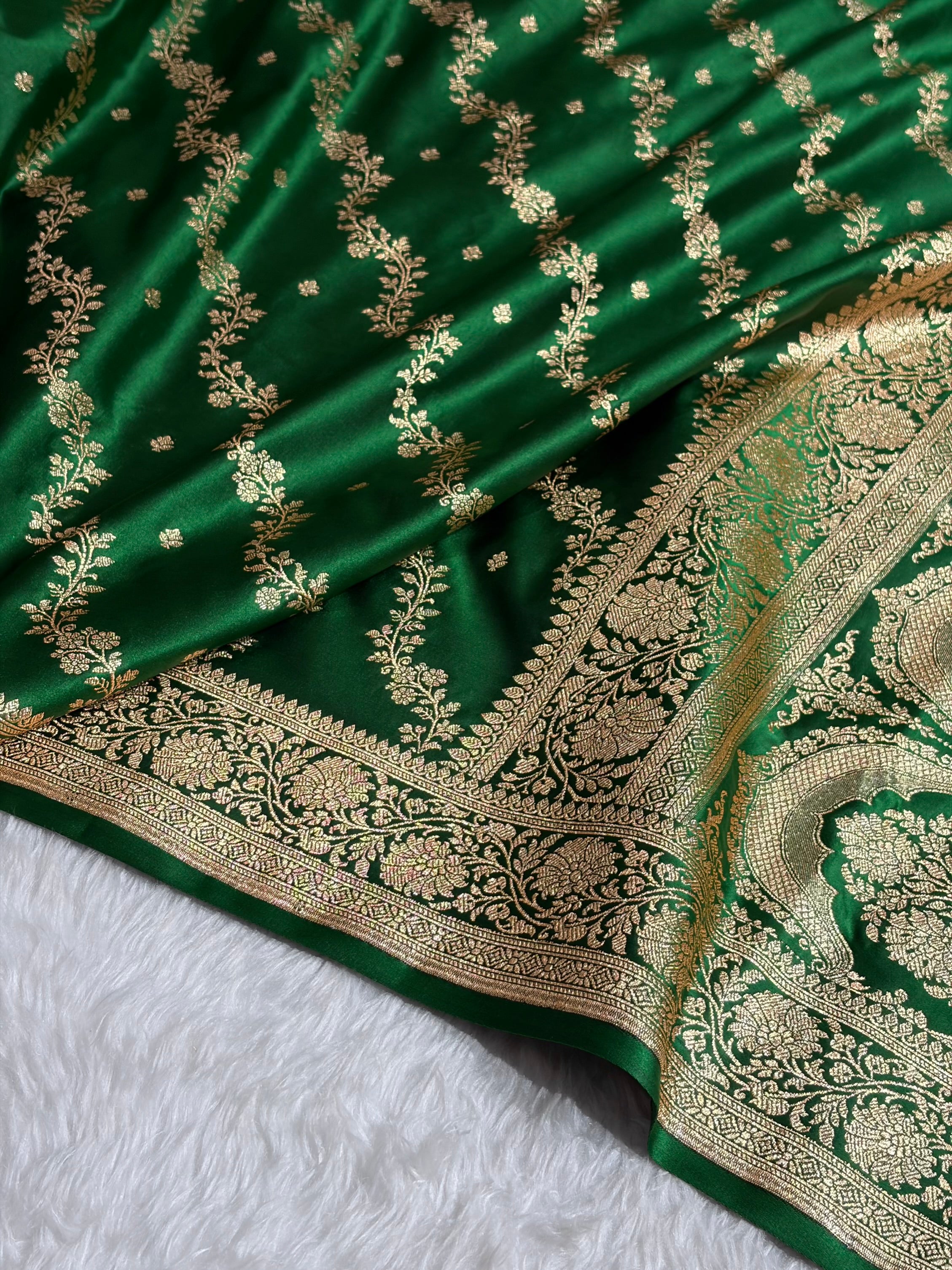 Banarasi Satin Katan Saree With Boota in Bottle Green Shades SK108