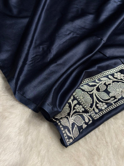 Navy Blue Shades Banarasi Minakari Floral Booti Mashru Silk Saree MCS55