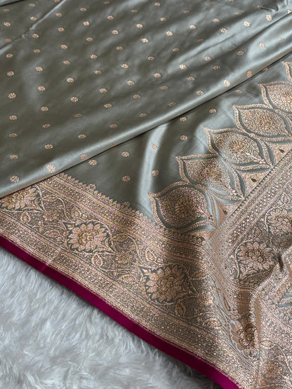 Banarasi Grey Booti Satin katan Silk Saree SK11
