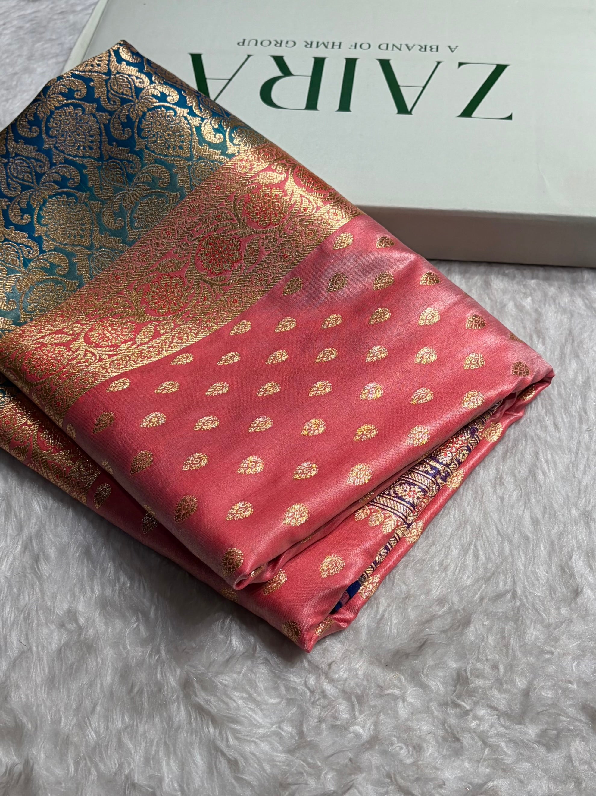 Banarasi Contrast Satin Silk Booti in Baby Pink With Royal Blue Shades SS01