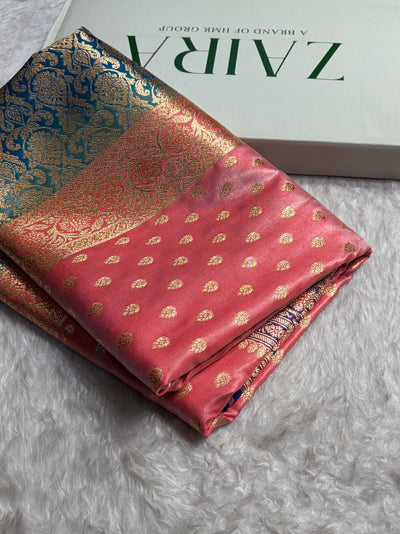 Banarasi Contrast Satin Silk Booti in Baby Pink With Royal Blue Shades SS01