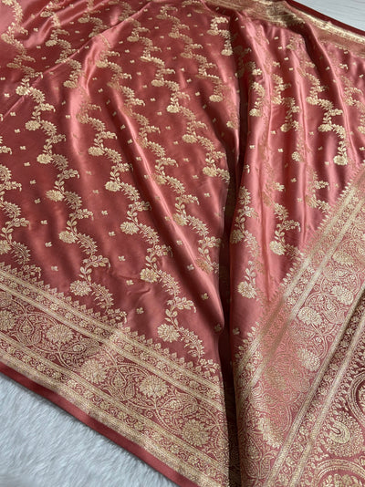 Banarasi Satin Katan Saree With Jaal Pattern in Peach Shades SK121
