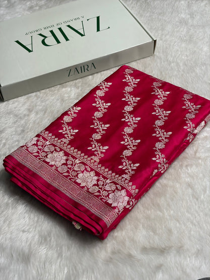 Ruby Pink Shades Banarasi Cross Jaal Mashru Silk Saree MS18