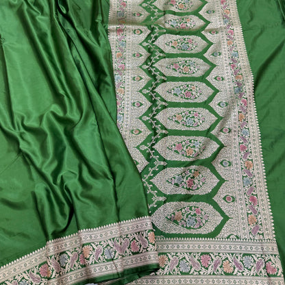 Mehendi Plain Mashru Silk Saree with Minakari Pallu