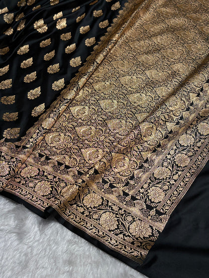 Black Floral Boota Pattern Satin Katan Silk saree SK45