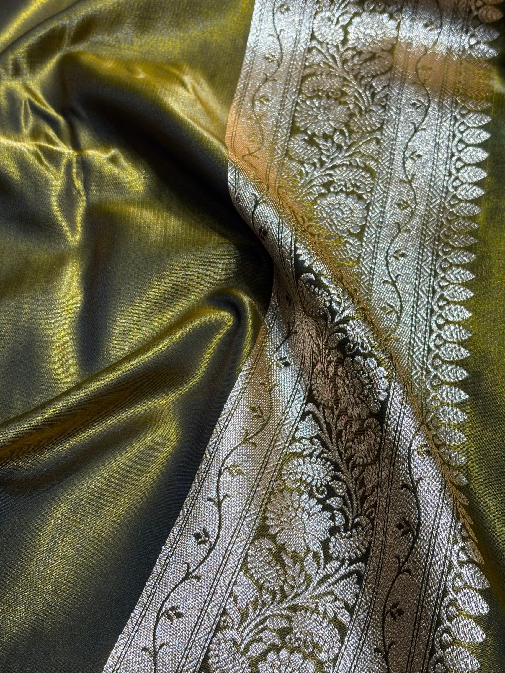 Dark Mahendi Shades Banarasi  Cross Jaal Satin Silk Saree SS11
