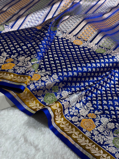 Royal Blue Banarasi Shades Floral Minakari Skirt Border Mashru Silk Saree MSM-83
