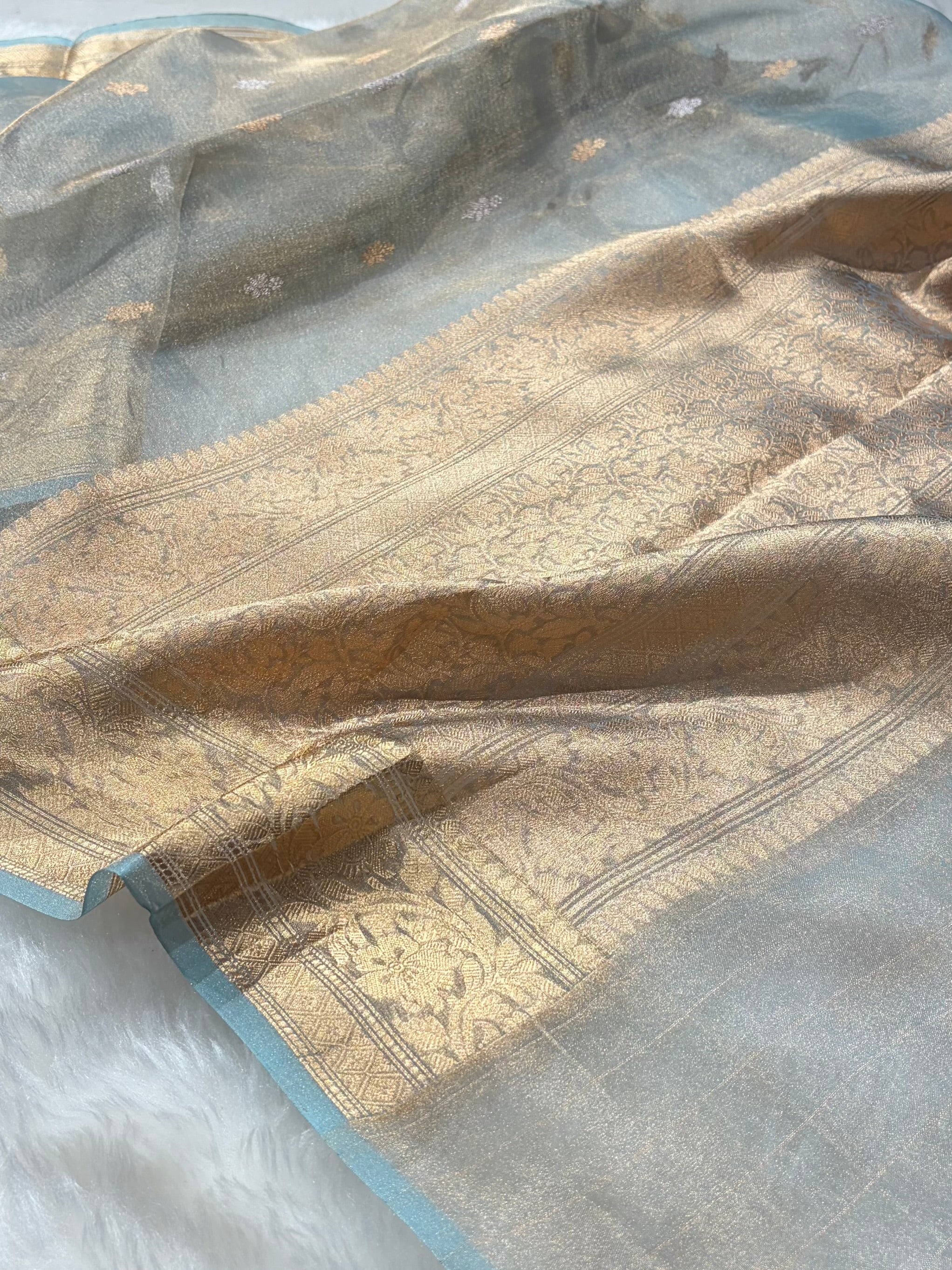 Sea Green Bananasi Floral Shades Pure Tissue Silk Saree PT-52