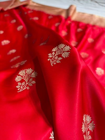 Red  - Cream Banarasi Boota Katan Silk Saree SKM29