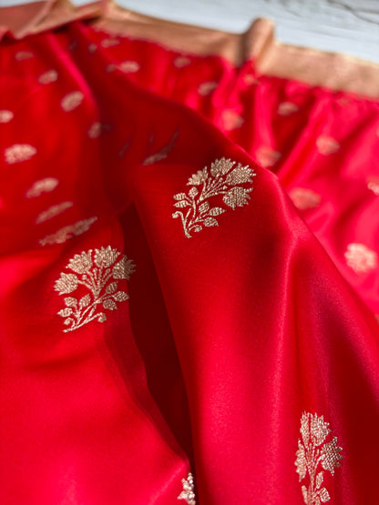 Red  - Cream Banarasi Boota Katan Silk Saree SKM29