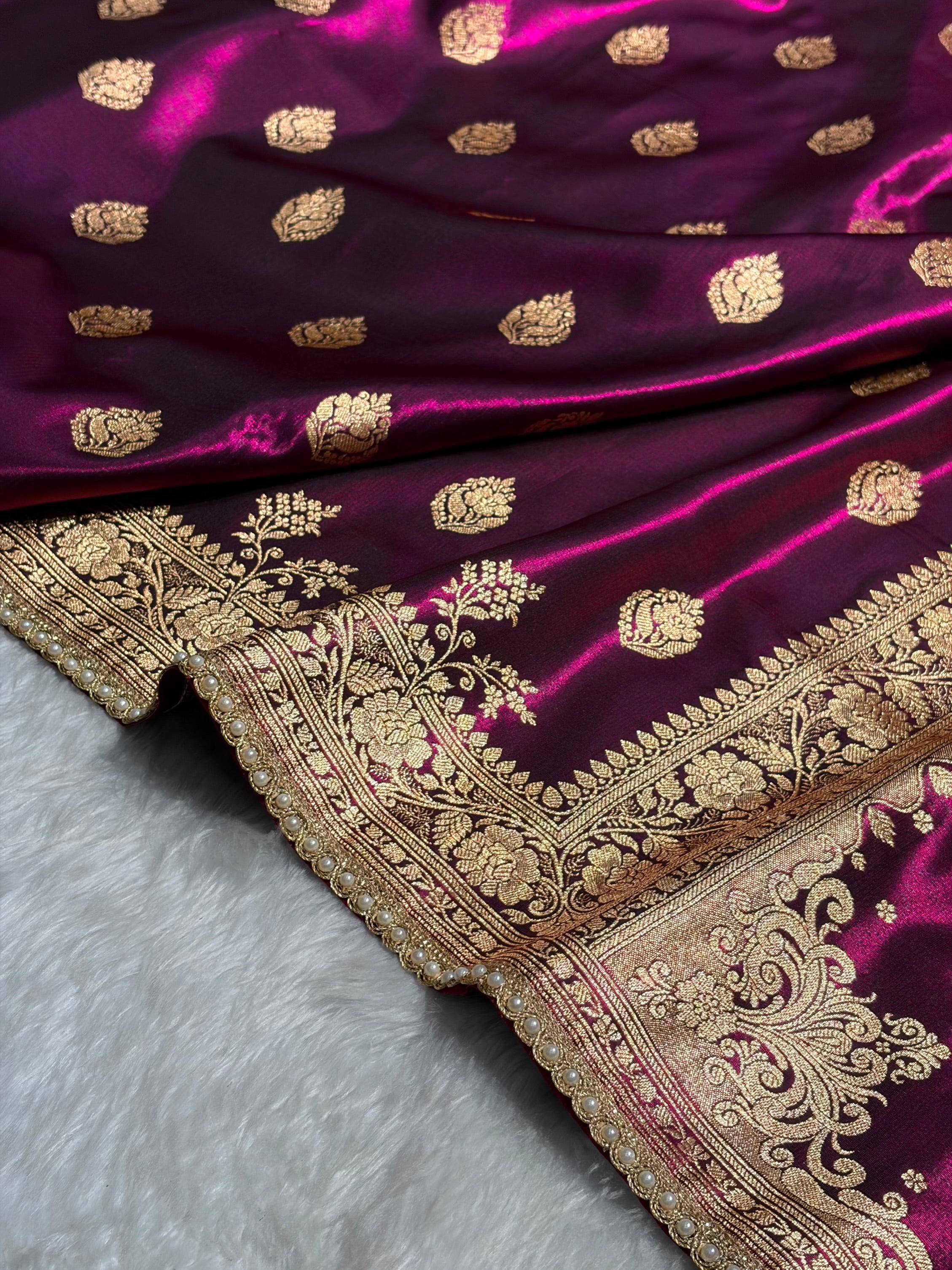 Banarasi Satin Silk Saree With Gotta Patti Booti Motif in Wine Shades SSGP20