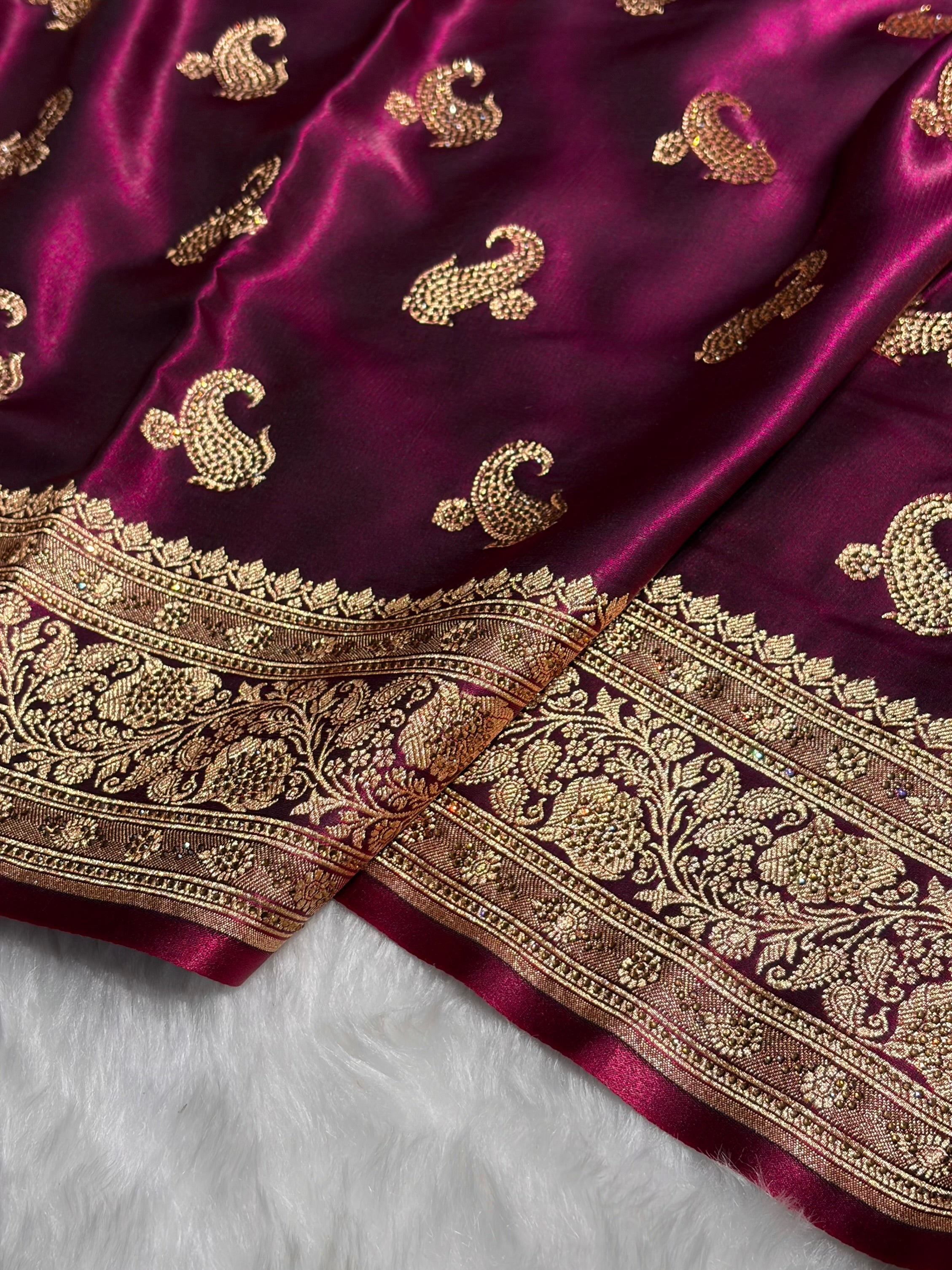Satin Silk Saree Swarovski Work Floral Boota in Wine Shades BSS27