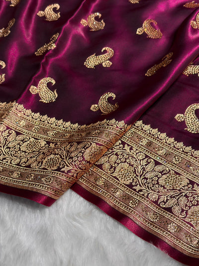 Satin Silk Saree Treditional Swarovski Work Floral Boota in Wine Shades BSS27