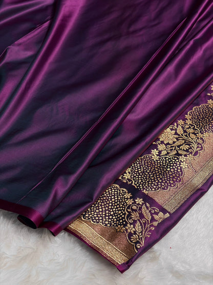 Wine Unique Boota Pattern Satin Katan Silk Saree SK70