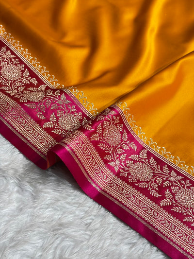 Banarasi Satin Katan Saree Floral Booti Pattern in Contrast Mustard / Rani Shades SK149