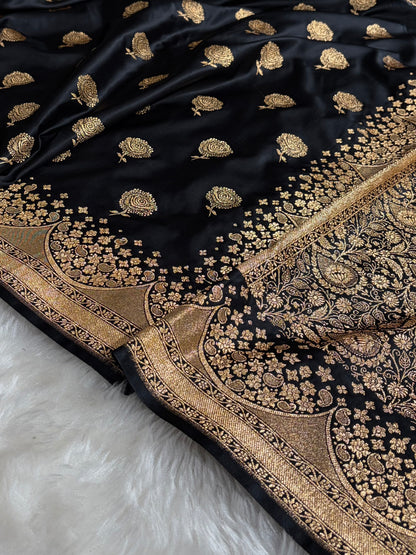 Banarasi Satin Katan Saree With Boota in Black Shades SK111
